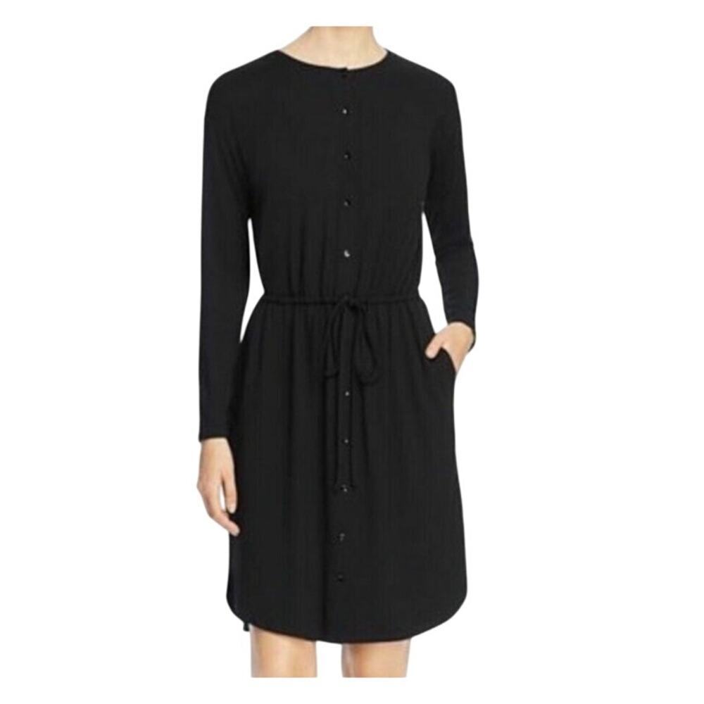 EILEEN FISHER Black jersey Knit Button-Front Dress Drawstring Waist Sz Petite P